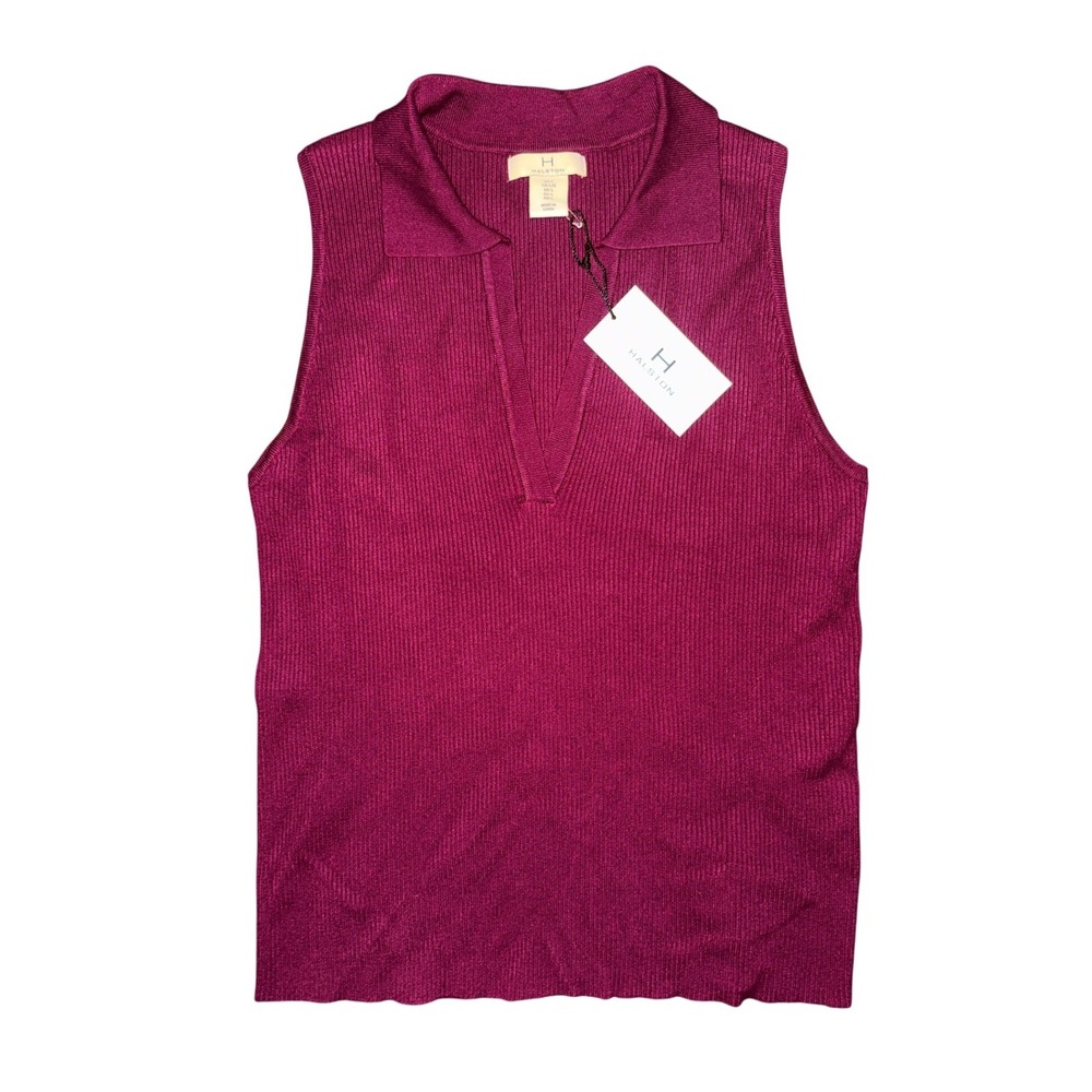 Halston Ribbed Knit Polo Tank Burgundy Wine Dark Academia Preppy Minimalist